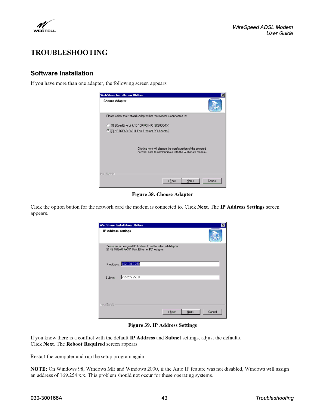 Westell Technologies 030-300166A iii manual Troubleshooting, Software Installation 