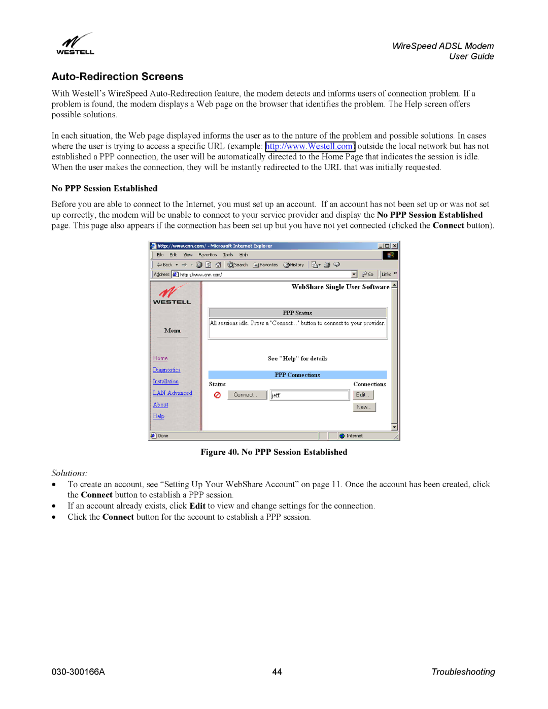 Westell Technologies 030-300166A iii manual Auto-Redirection Screens, No PPP Session Established, Solutions 