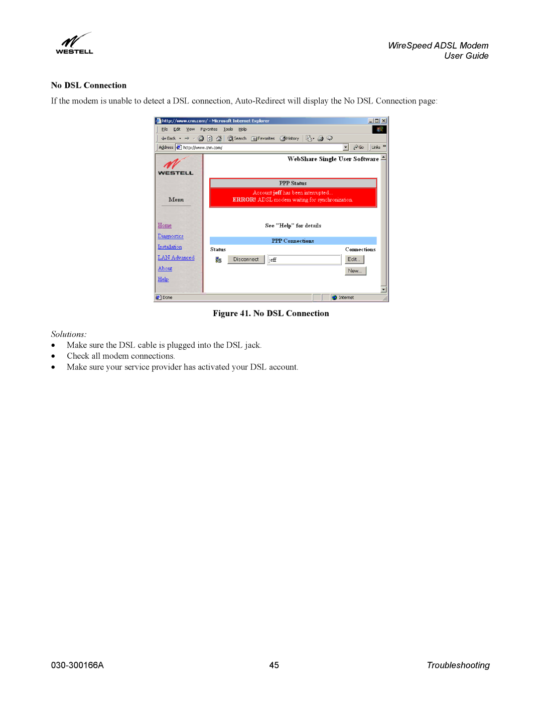 Westell Technologies 030-300166A iii manual No DSL Connection 