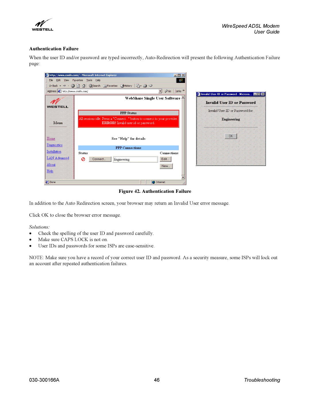 Westell Technologies 030-300166A iii manual Authentication Failure 