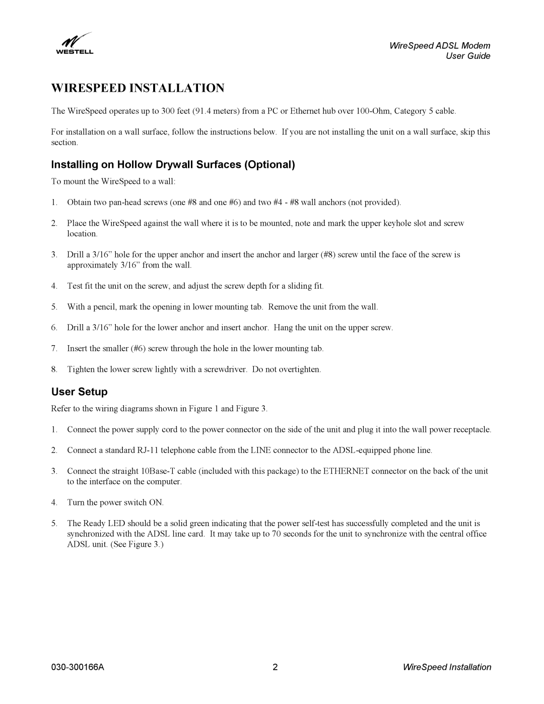 Westell Technologies 030-300166A iii Wirespeed Installation, Installing on Hollow Drywall Surfaces Optional, User Setup 
