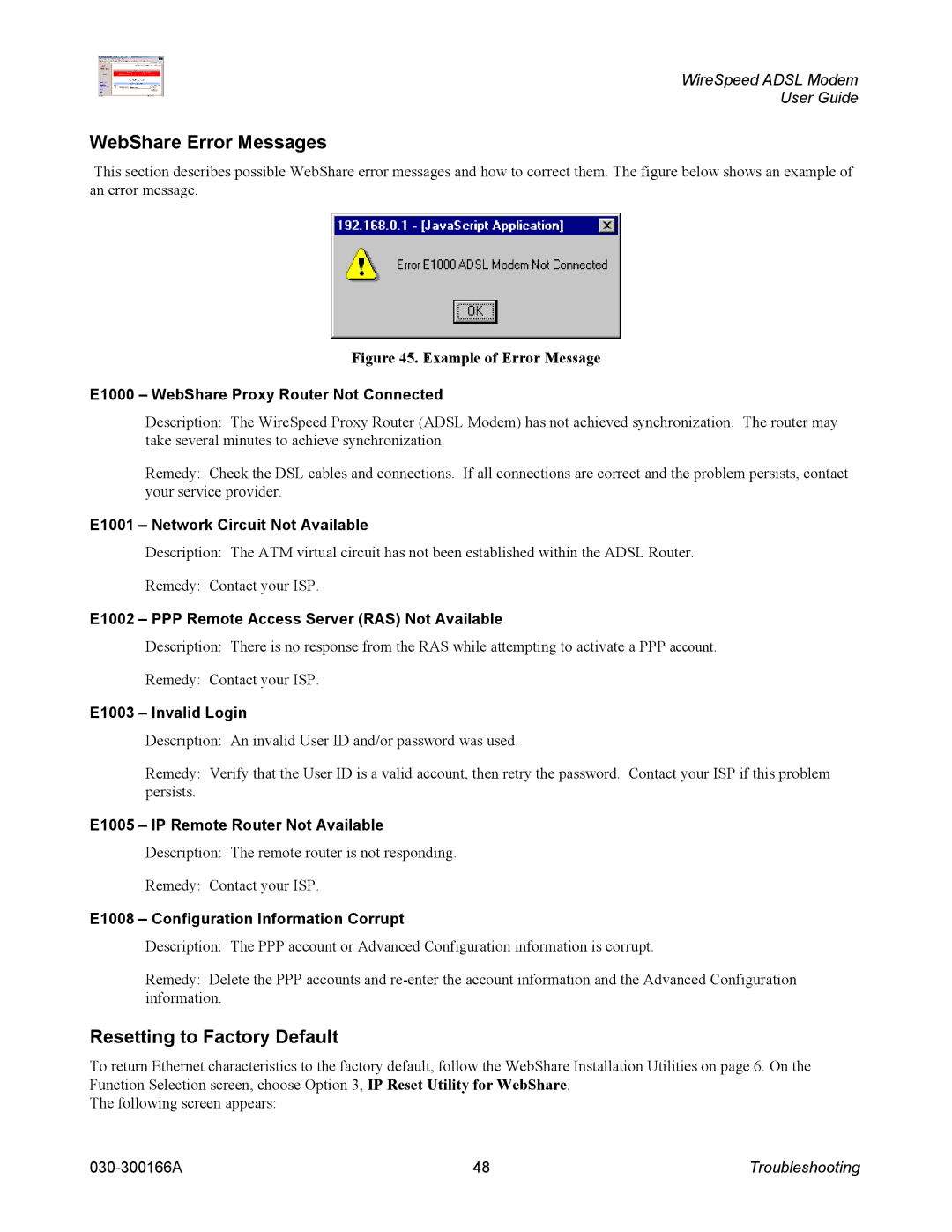 Westell Technologies 030-300166A iii manual WebShare Error Messages, Resetting to Factory Default 