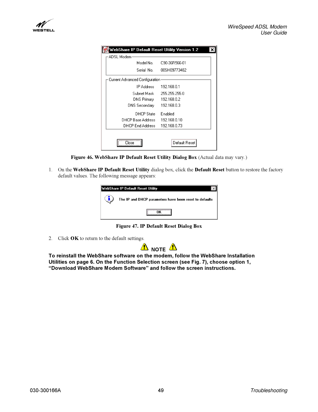 Westell Technologies 030-300166A iii manual IP Default Reset Dialog Box 