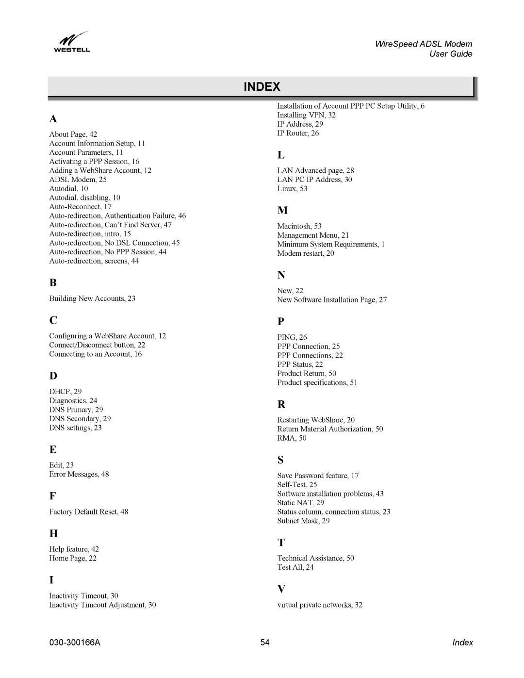 Westell Technologies 030-300166A iii manual Index 