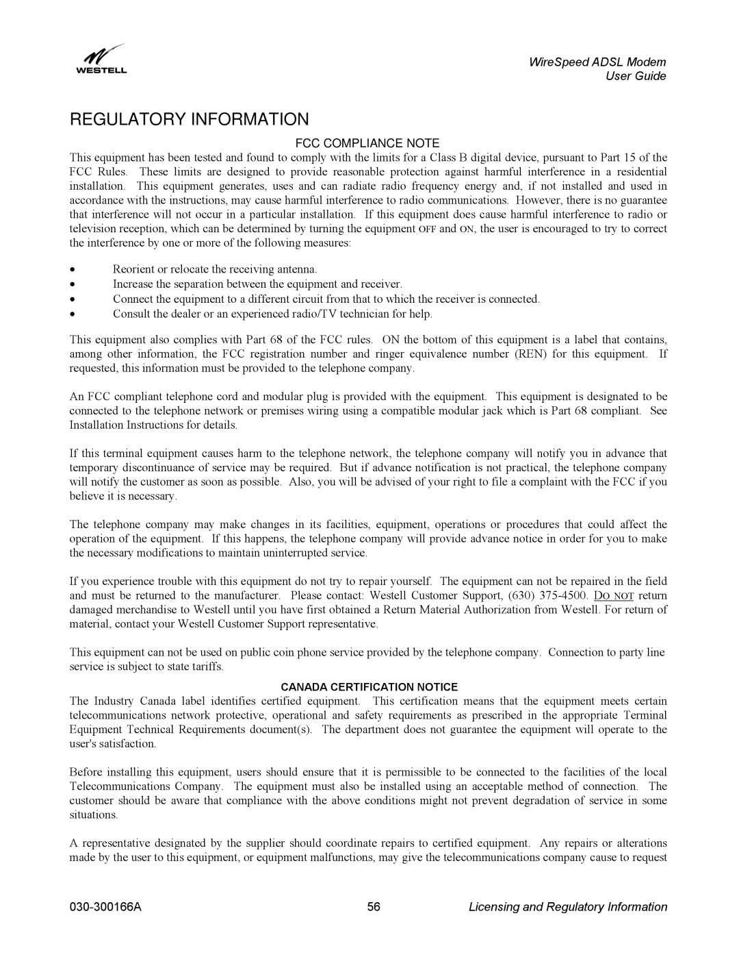 Westell Technologies 030-300166A iii manual Regulatory Information, FCC Compliance Note 