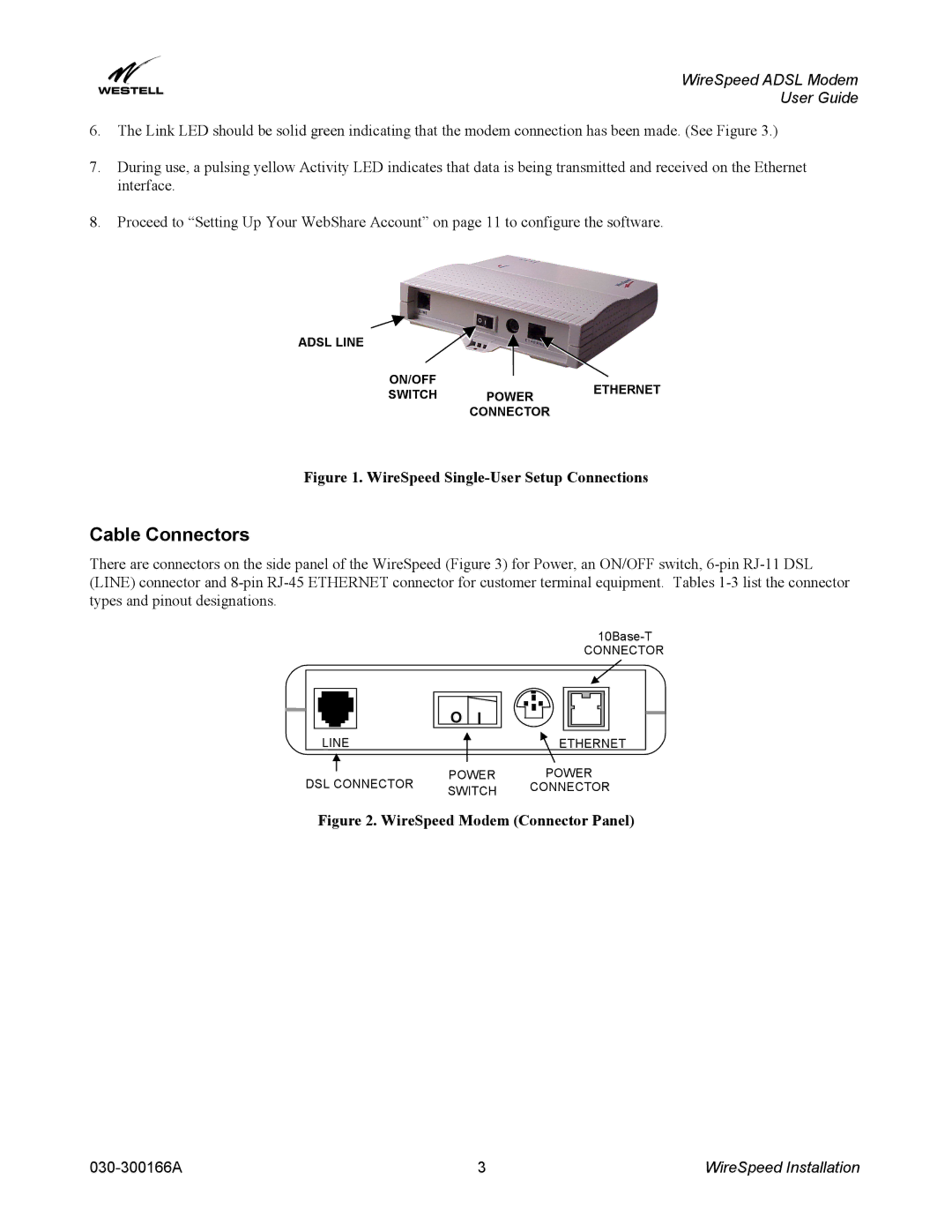 Westell Technologies 030-300166A iii manual Cable Connectors, WireSpeed Single-User Setup Connections 