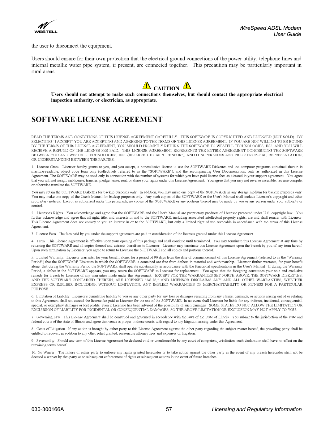 Westell Technologies 030-300166A iii manual Software License Agreement 