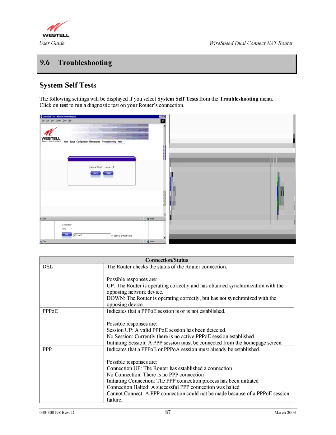 Westell Technologies 2100 manual Troubleshooting System Self Tests, Connection/Status 