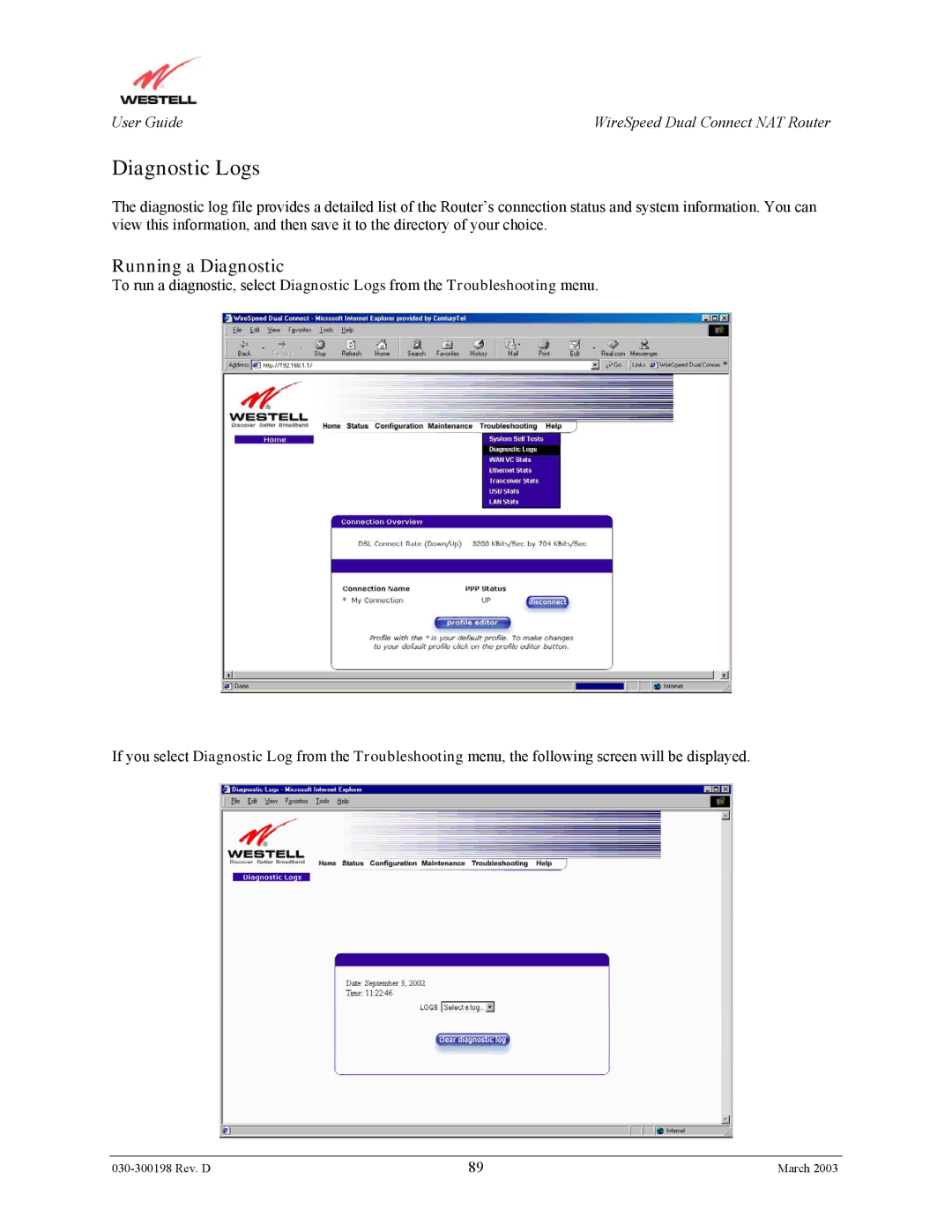 Westell Technologies 2100 manual Diagnostic Logs, Running a Diagnostic 