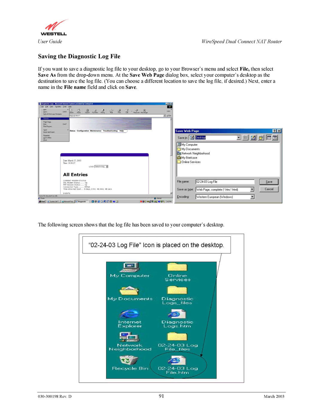 Westell Technologies 2100 manual Saving the Diagnostic Log File 