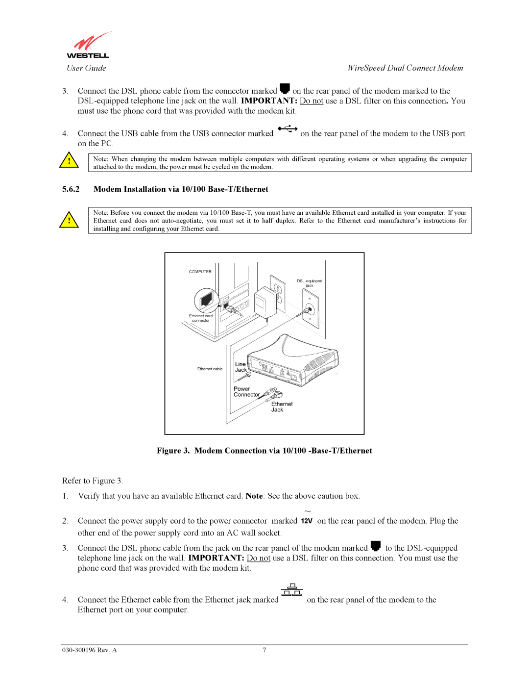 Westell Technologies 2110 Modem Installation via 10/100 Base-T/Ethernet, Modem Connection via 10/100 -Base-T/Ethernet 