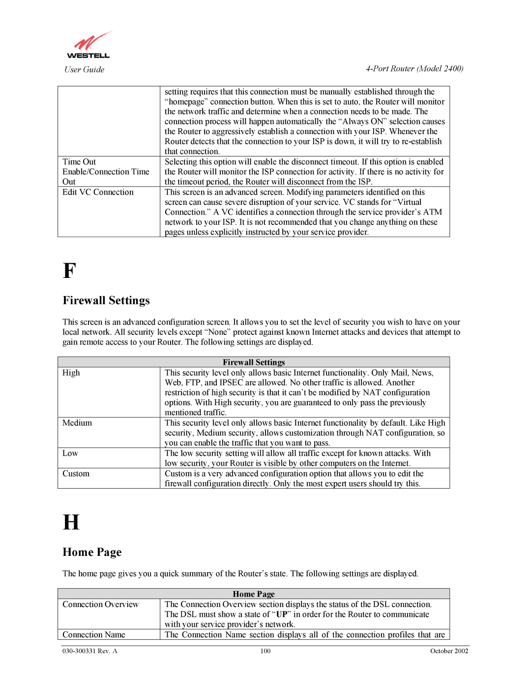 Westell Technologies 2400 manual Firewall Settings, Home 