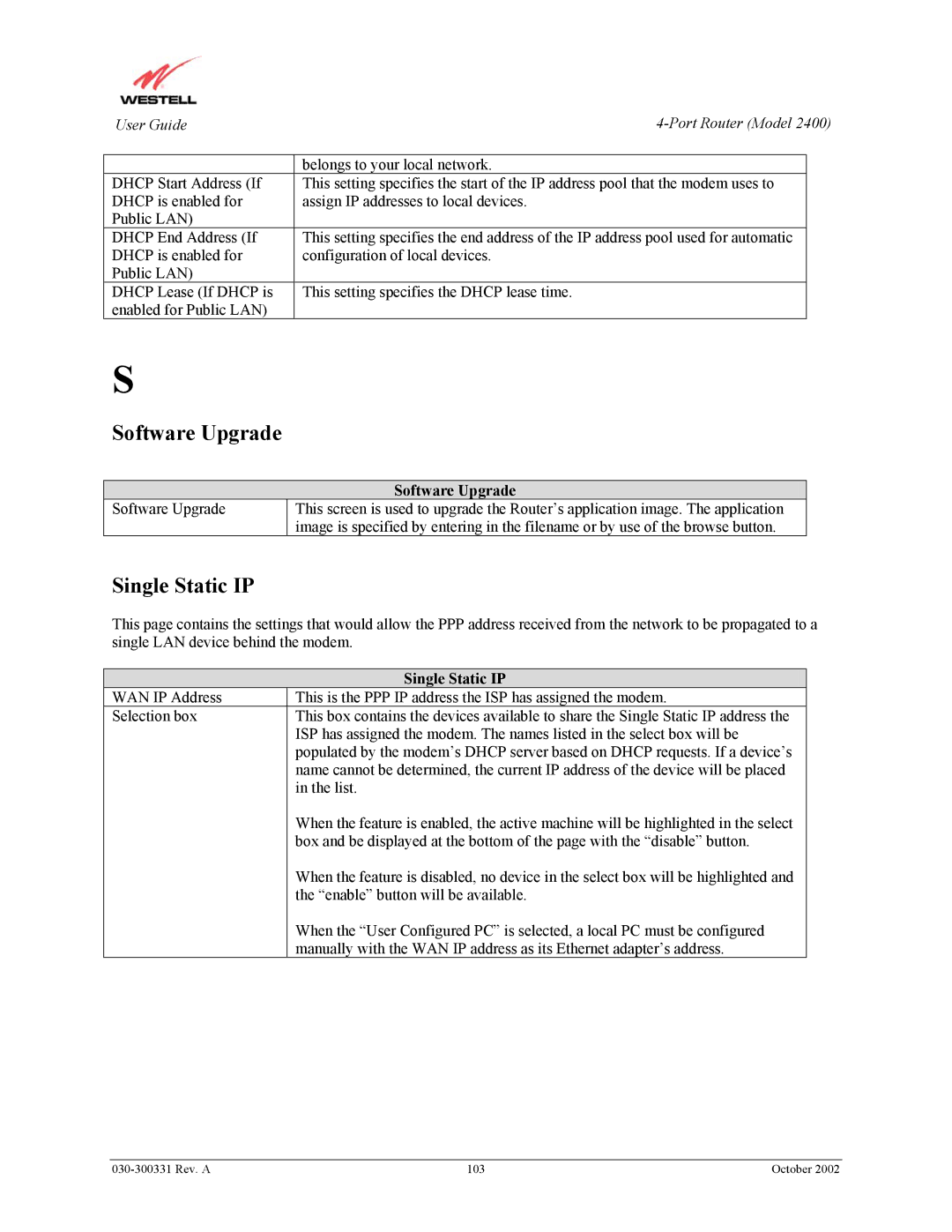 Westell Technologies 2400 manual Software Upgrade, Single Static IP 