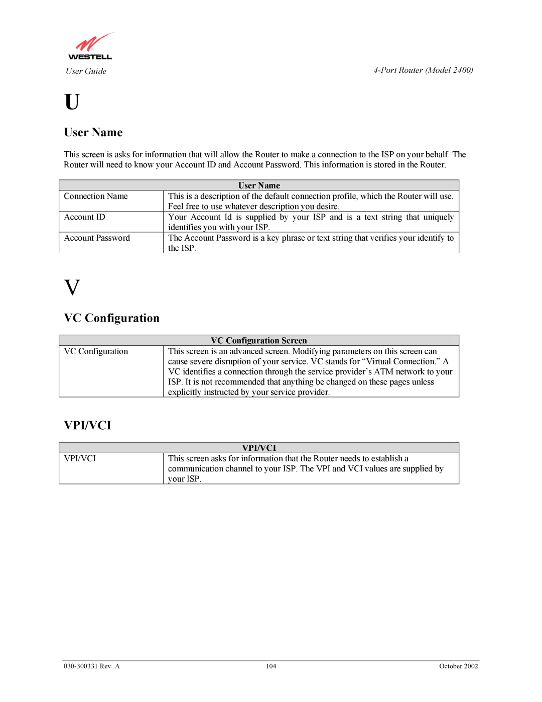 Westell Technologies 2400 manual User Name, Vpi/Vci, VC Configuration Screen 