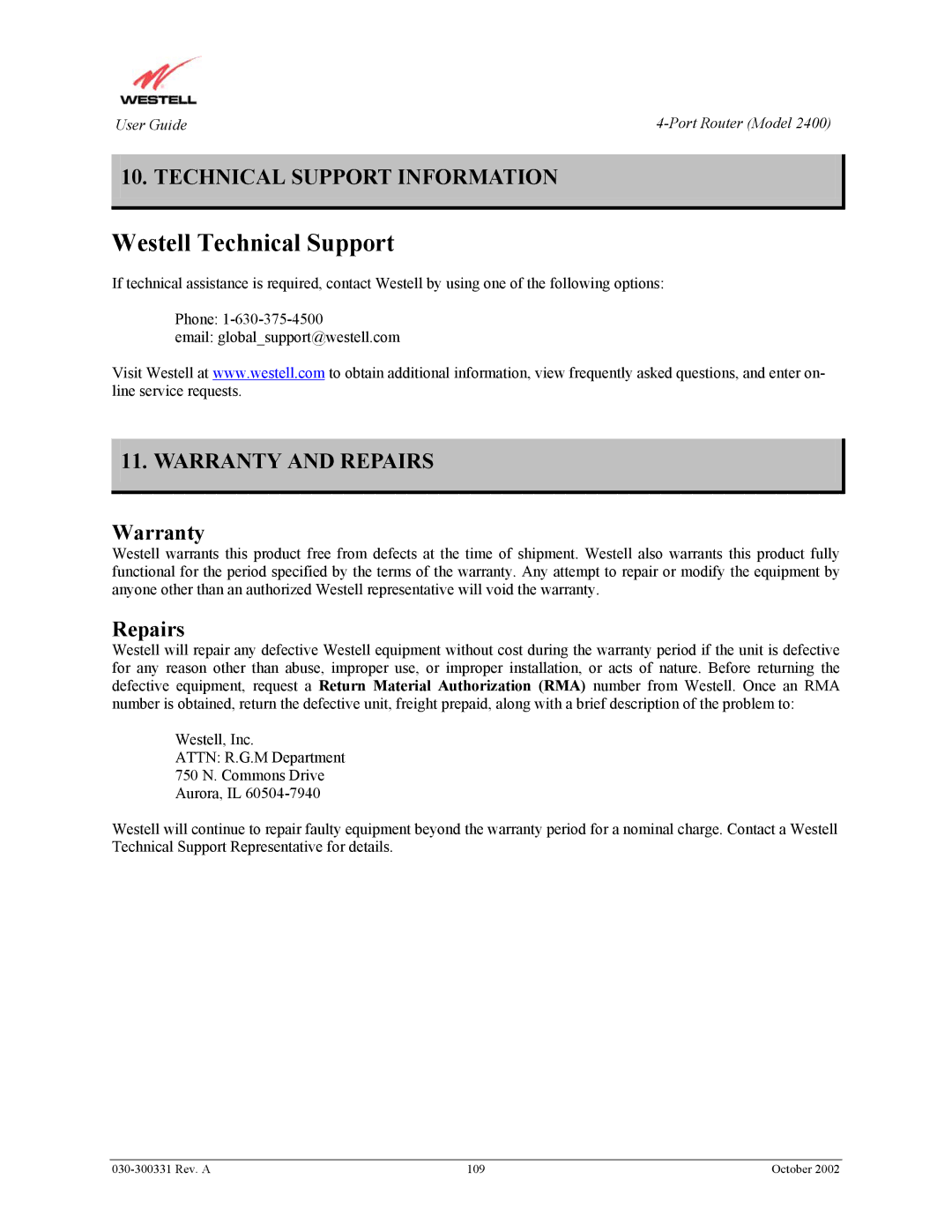 Westell Technologies 2400 manual Technical Support Information, Warranty and Repairs 