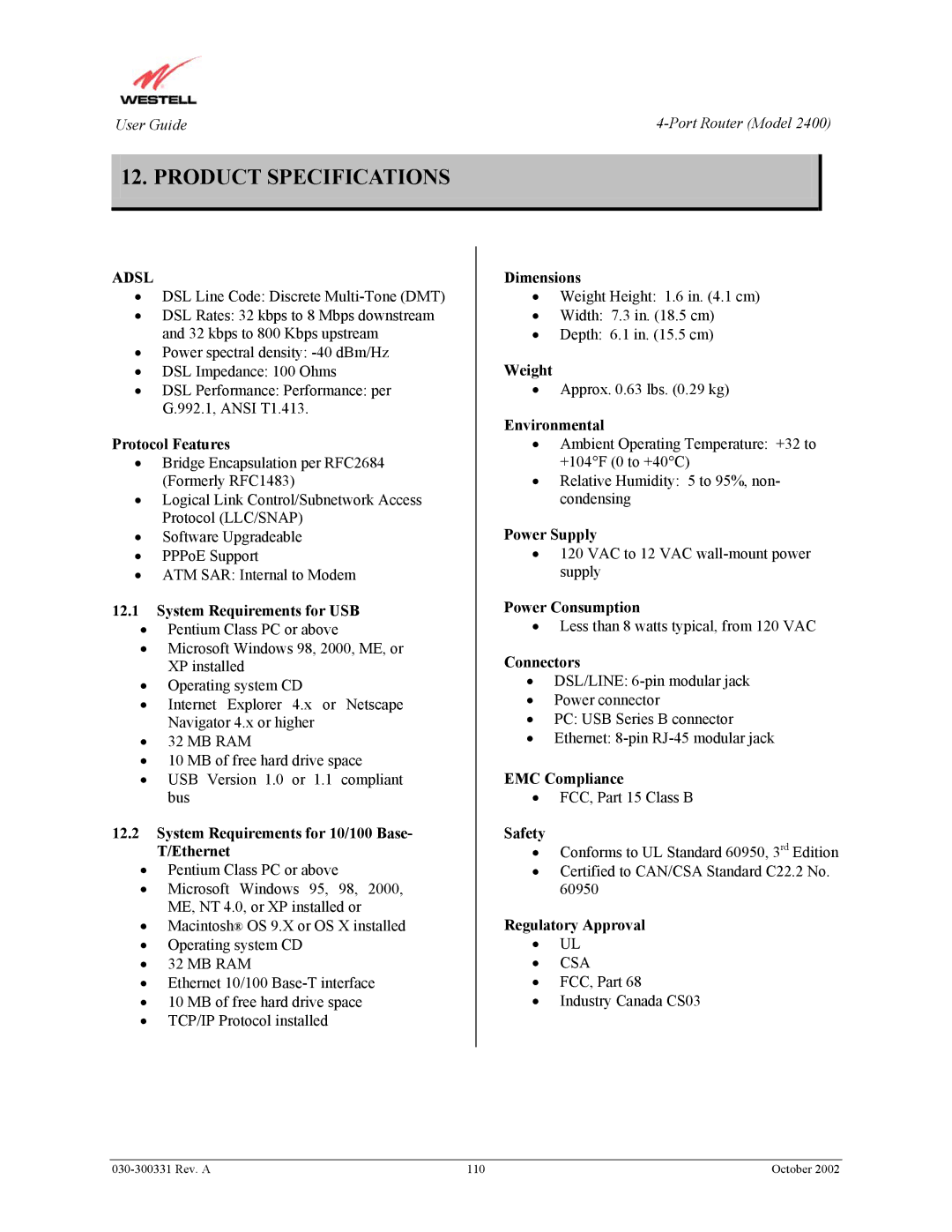 Westell Technologies 2400 manual Product Specifications 