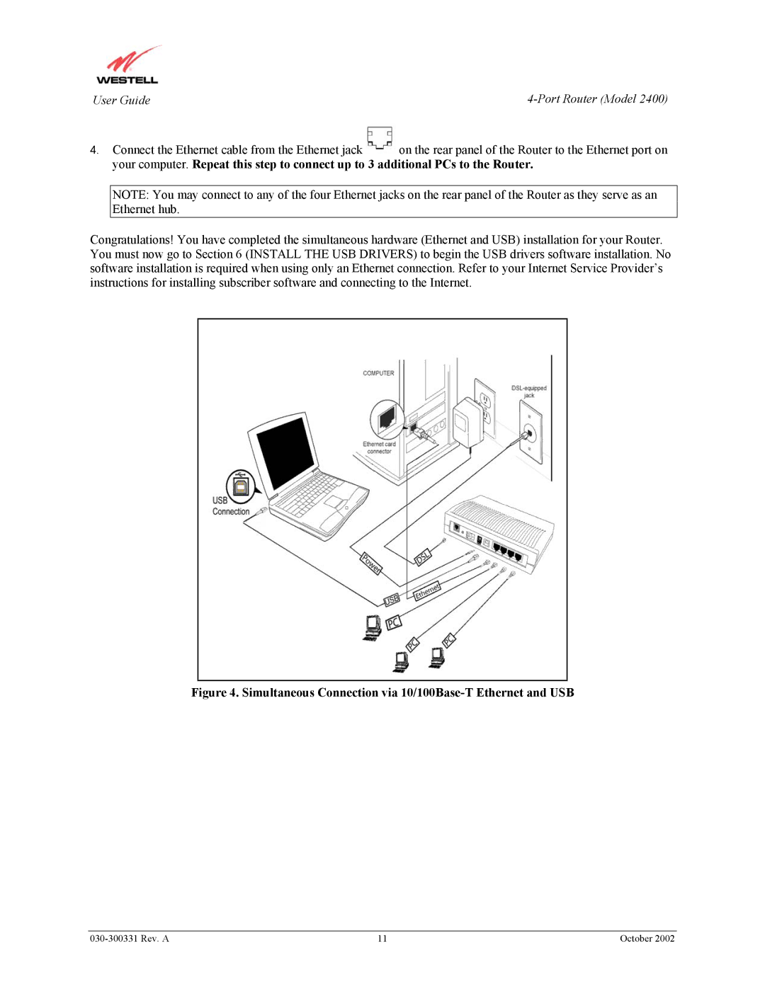 Westell Technologies 2400 manual Simultaneous Connection via 10/100Base-T Ethernet and USB 