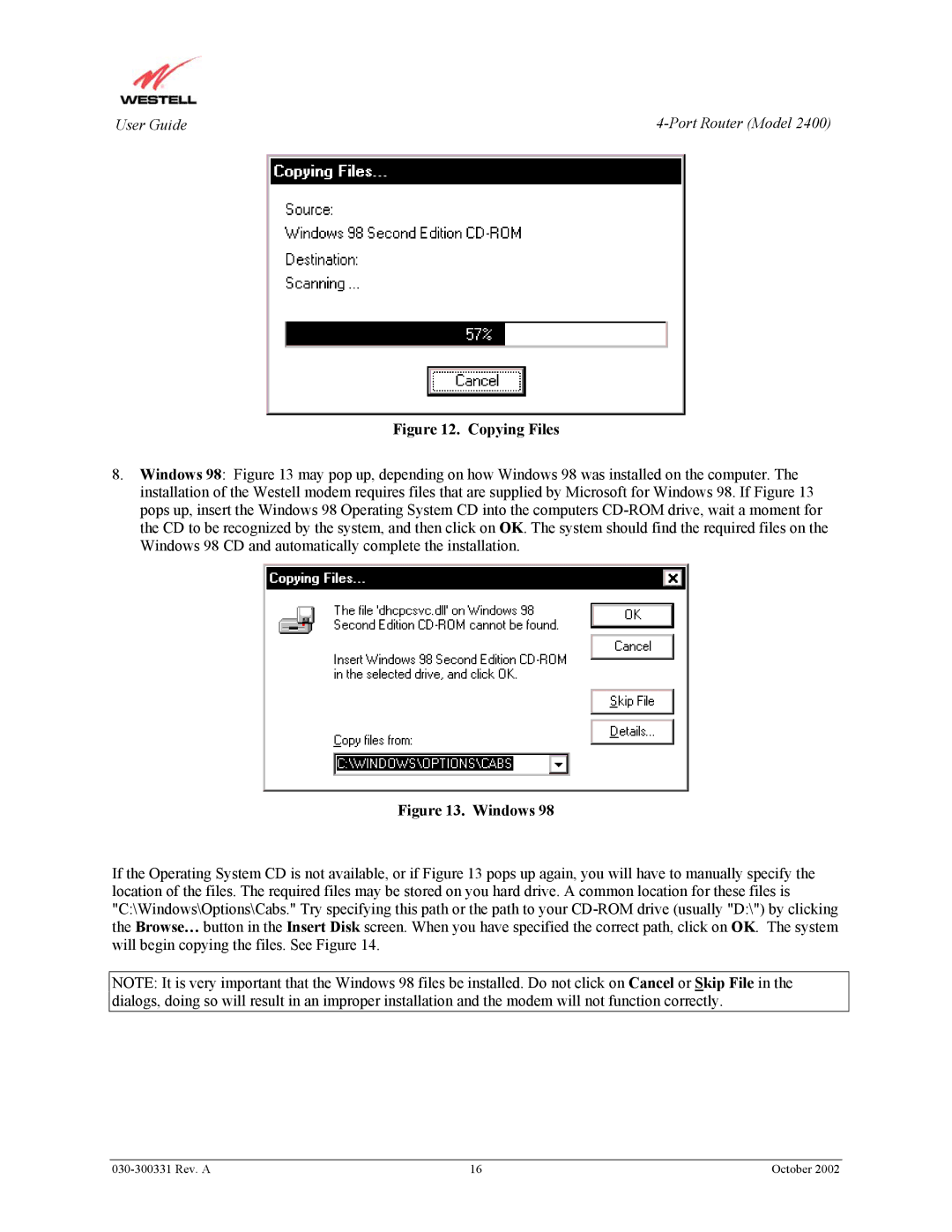 Westell Technologies 2400 manual Copying Files 