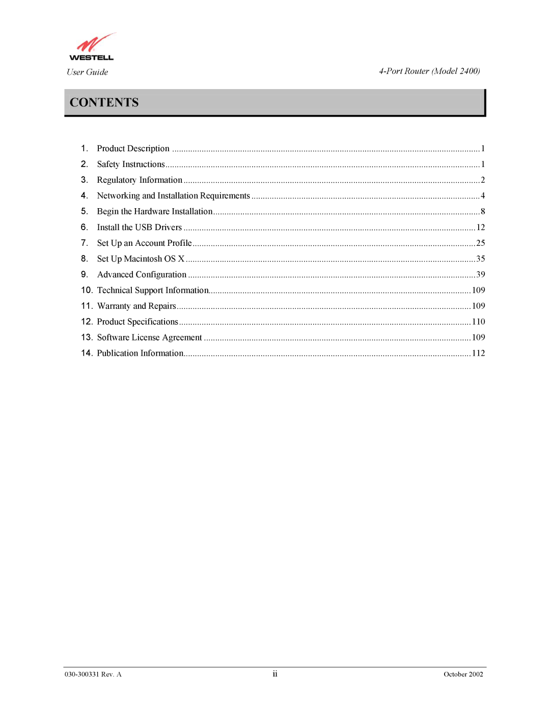 Westell Technologies 2400 manual Contents 