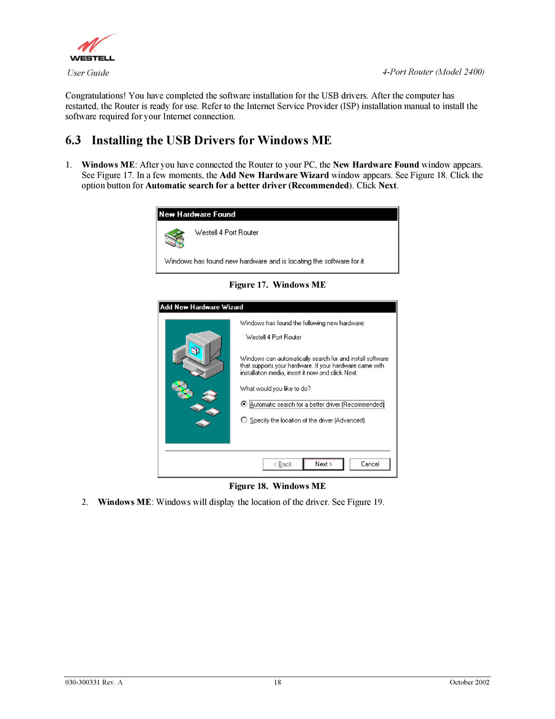 Westell Technologies 2400 manual Installing the USB Drivers for Windows ME 