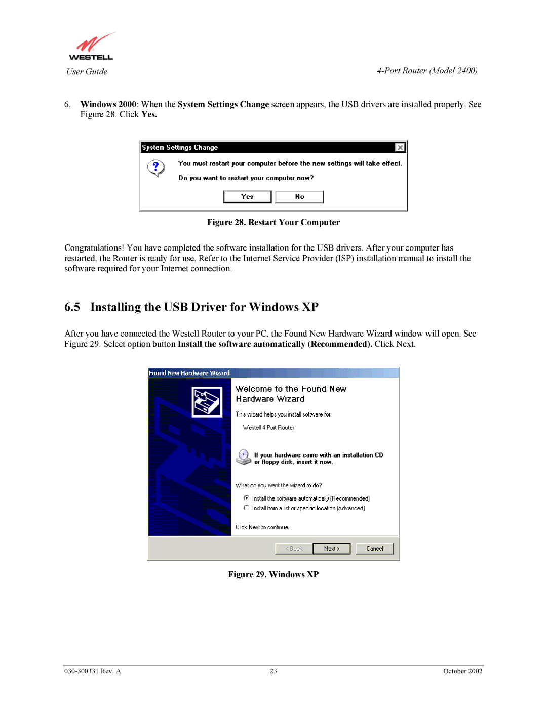 Westell Technologies 2400 manual Installing the USB Driver for Windows XP, Restart Your Computer 