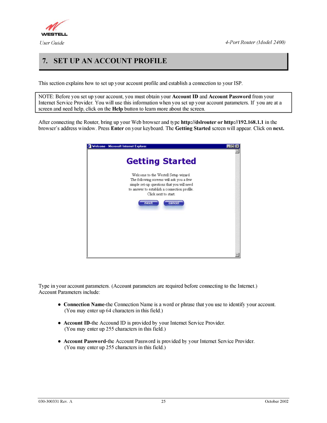 Westell Technologies 2400 manual SET UP AN Account Profile 