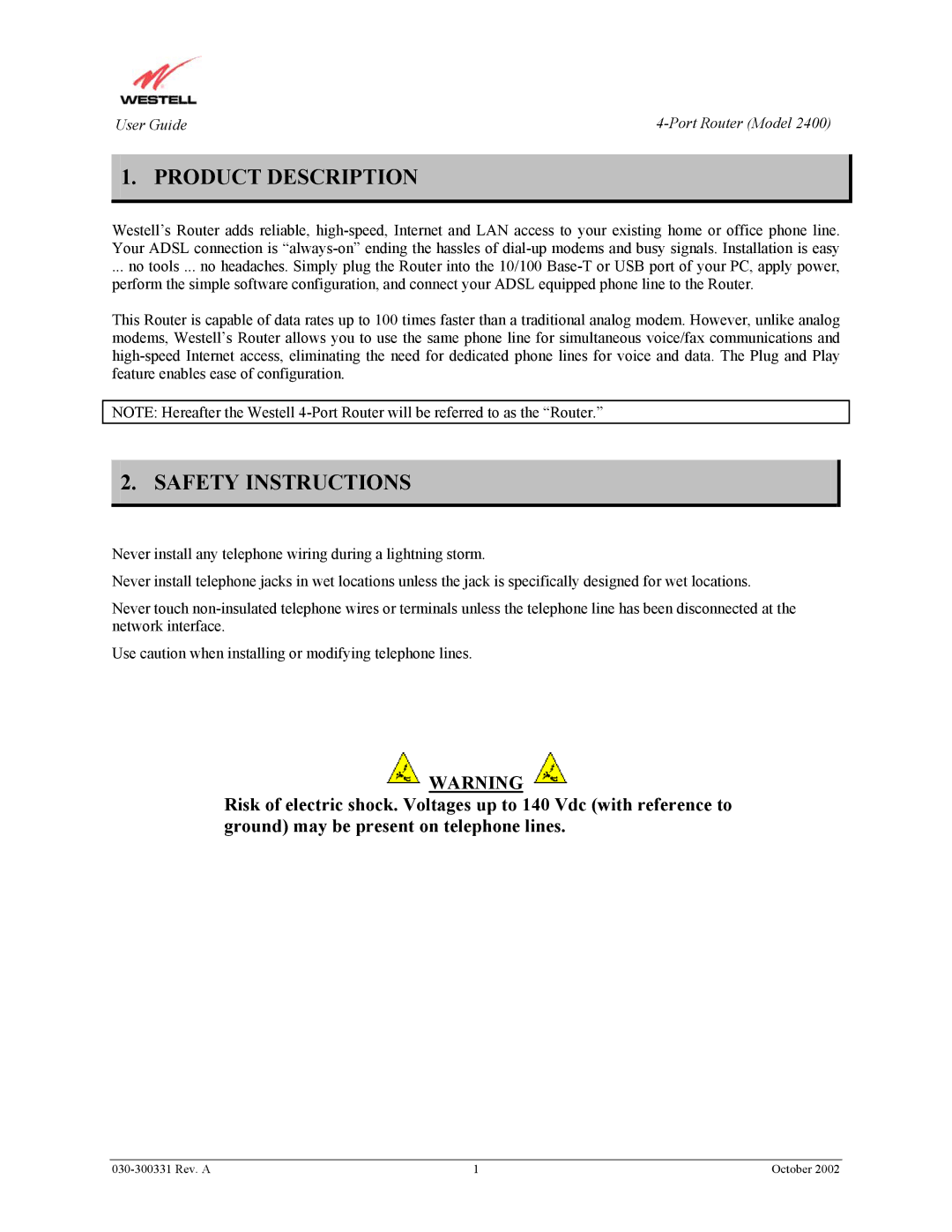 Westell Technologies 2400 manual Product Description, Safety Instructions 