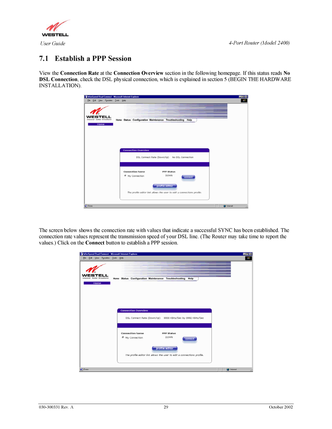 Westell Technologies 2400 manual Establish a PPP Session 