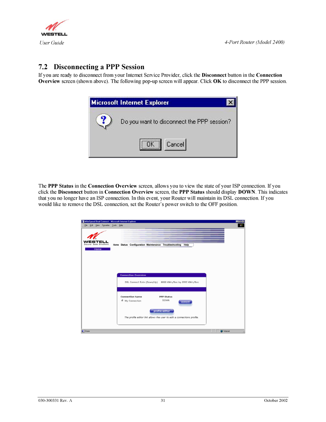 Westell Technologies 2400 manual Disconnecting a PPP Session 