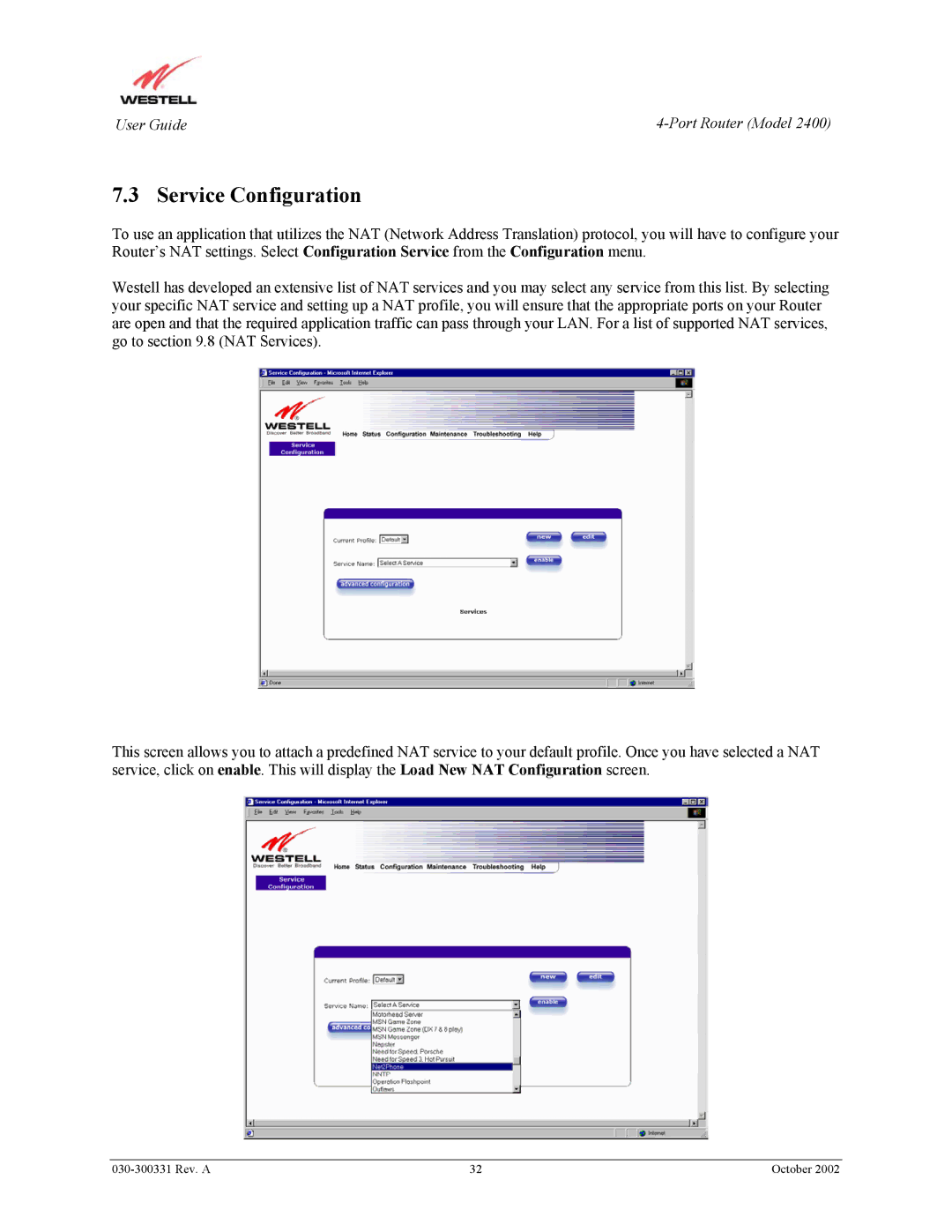 Westell Technologies 2400 manual Service Configuration 