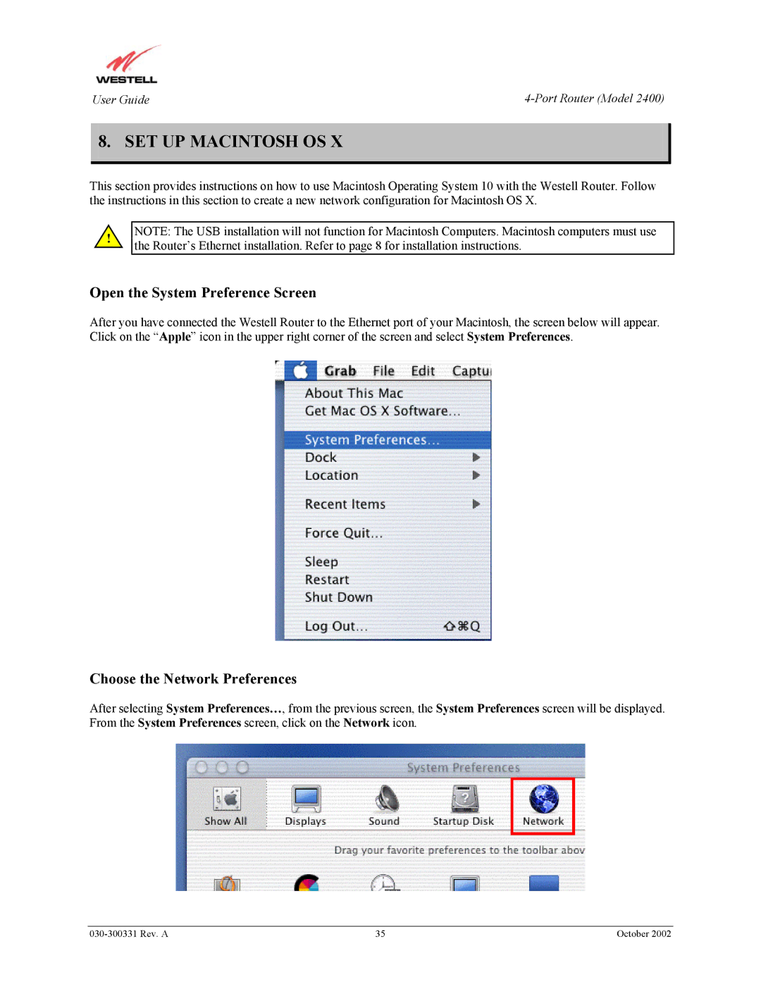 Westell Technologies 2400 manual SET UP Macintosh OS, Open the System Preference Screen 