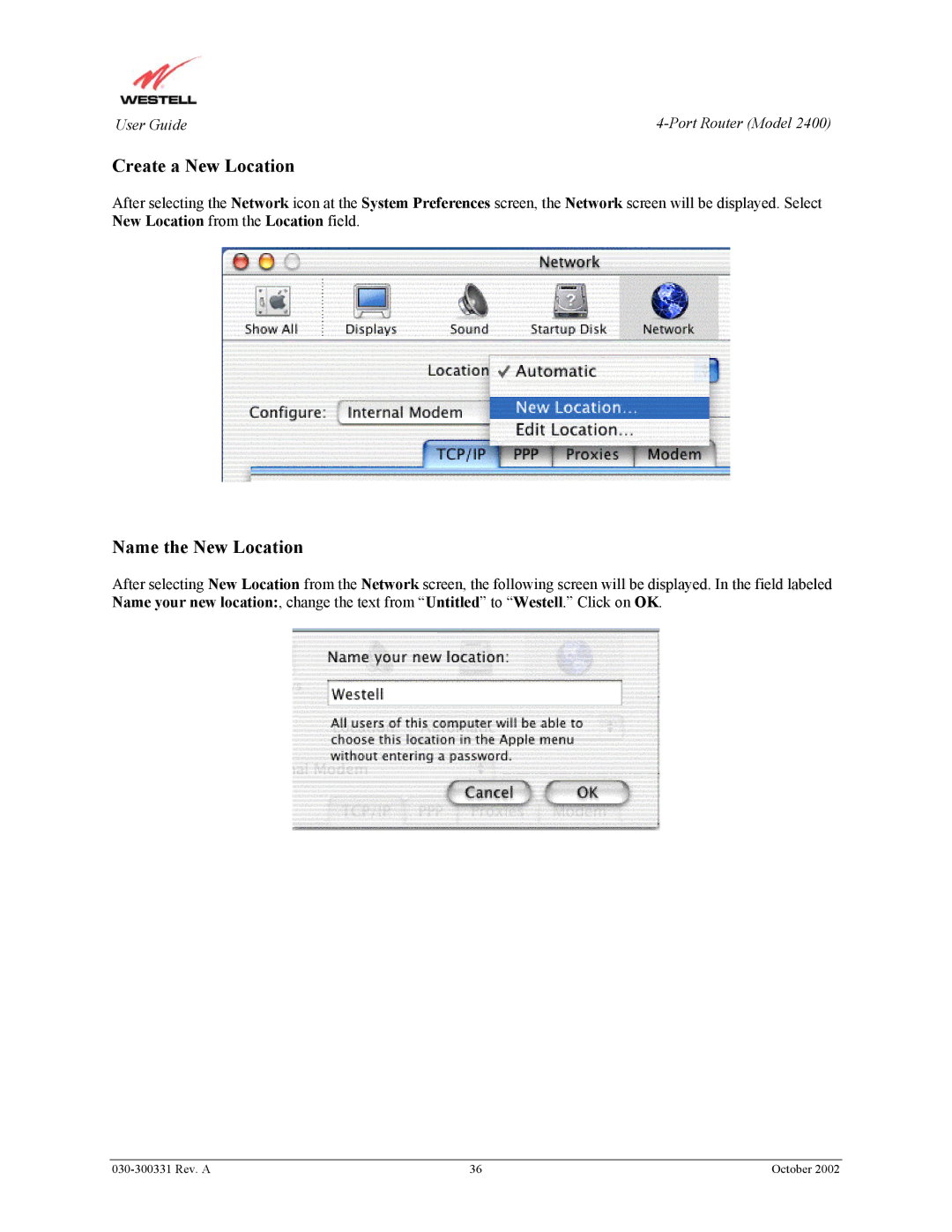 Westell Technologies 2400 manual Create a New Location 