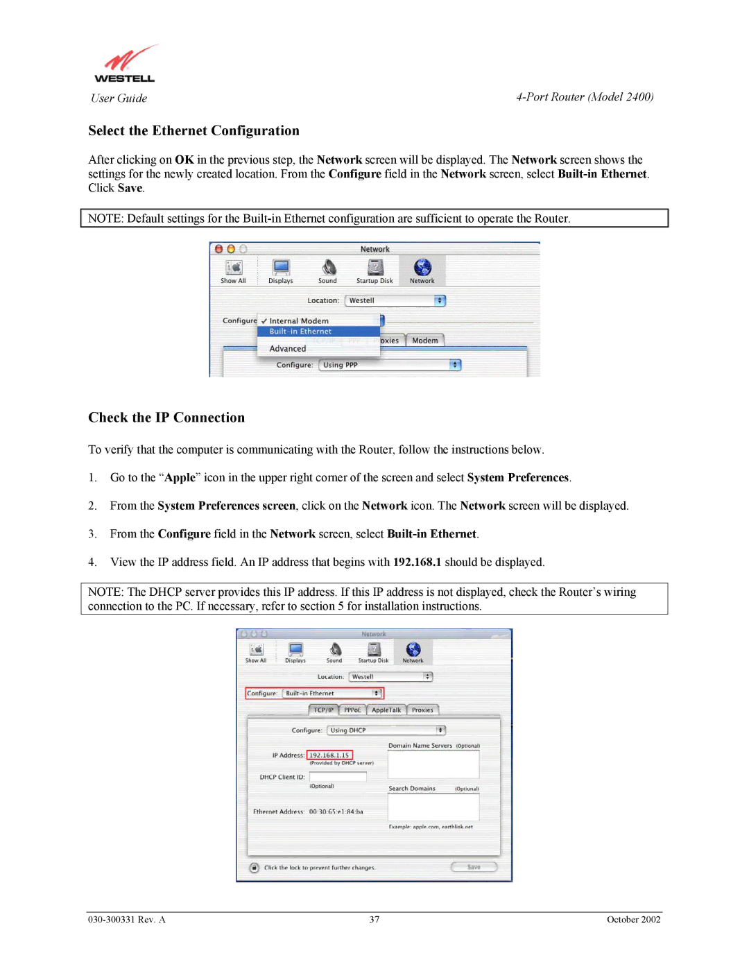 Westell Technologies 2400 manual Select the Ethernet Configuration 