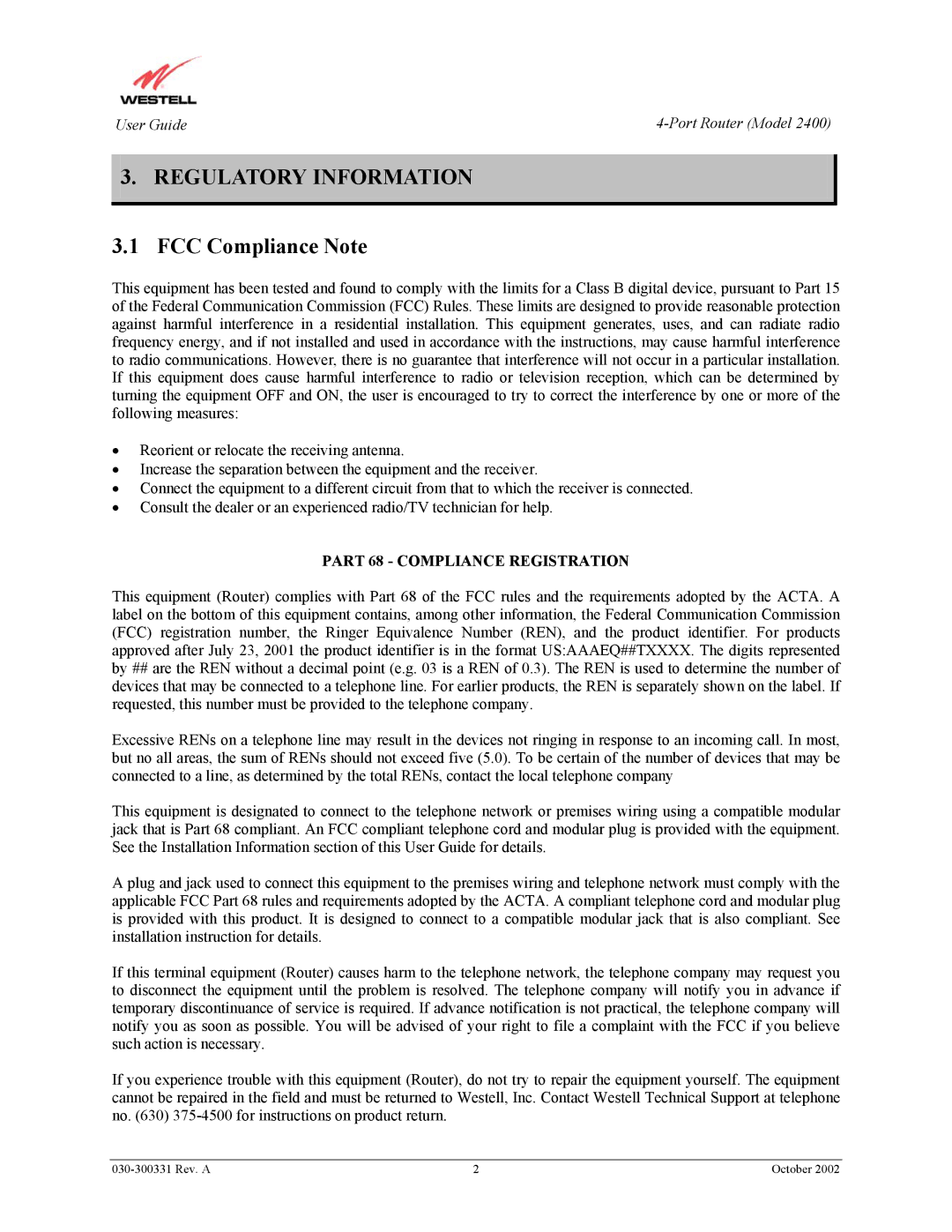 Westell Technologies 2400 manual Regulatory Information, FCC Compliance Note 