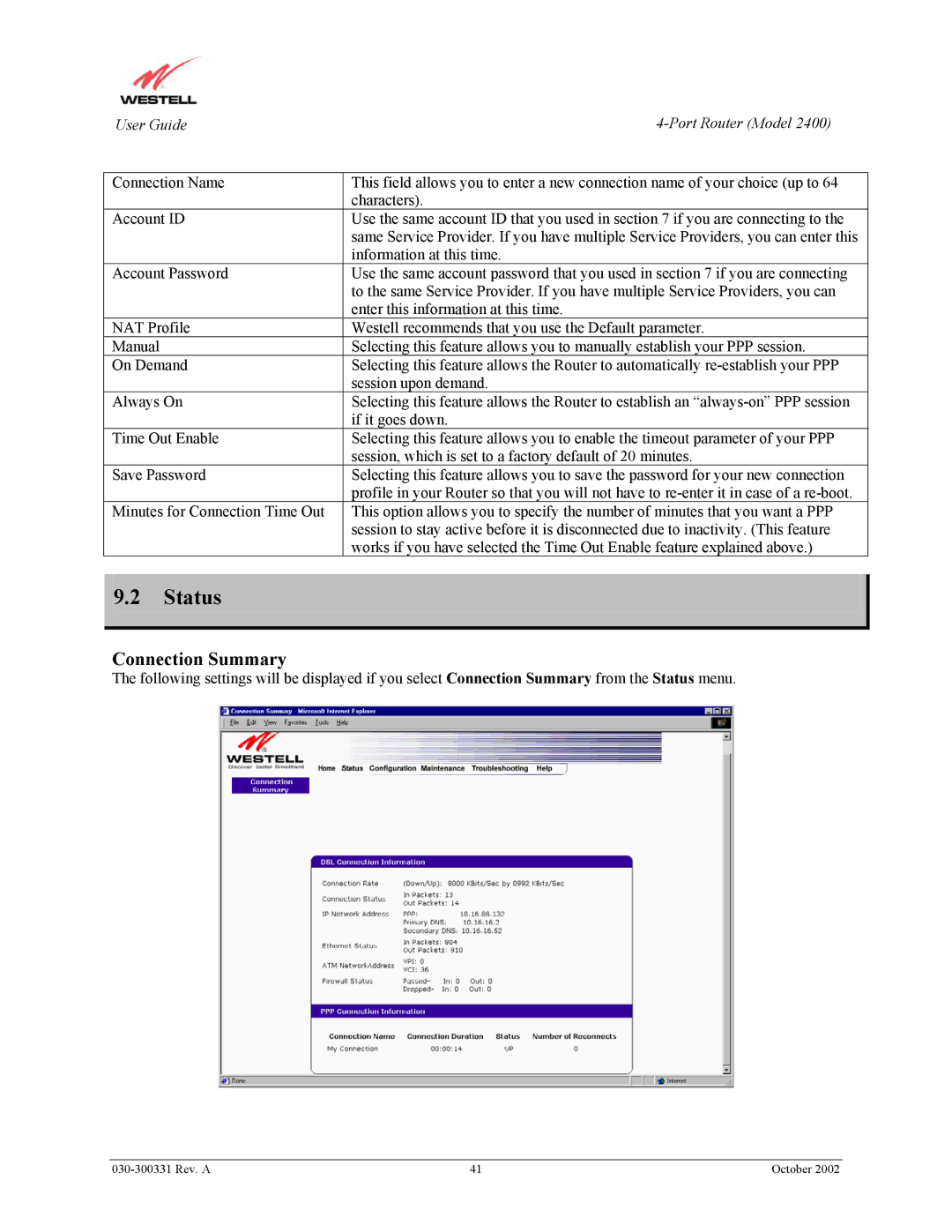 Westell Technologies 2400 manual Status, Connection Summary 