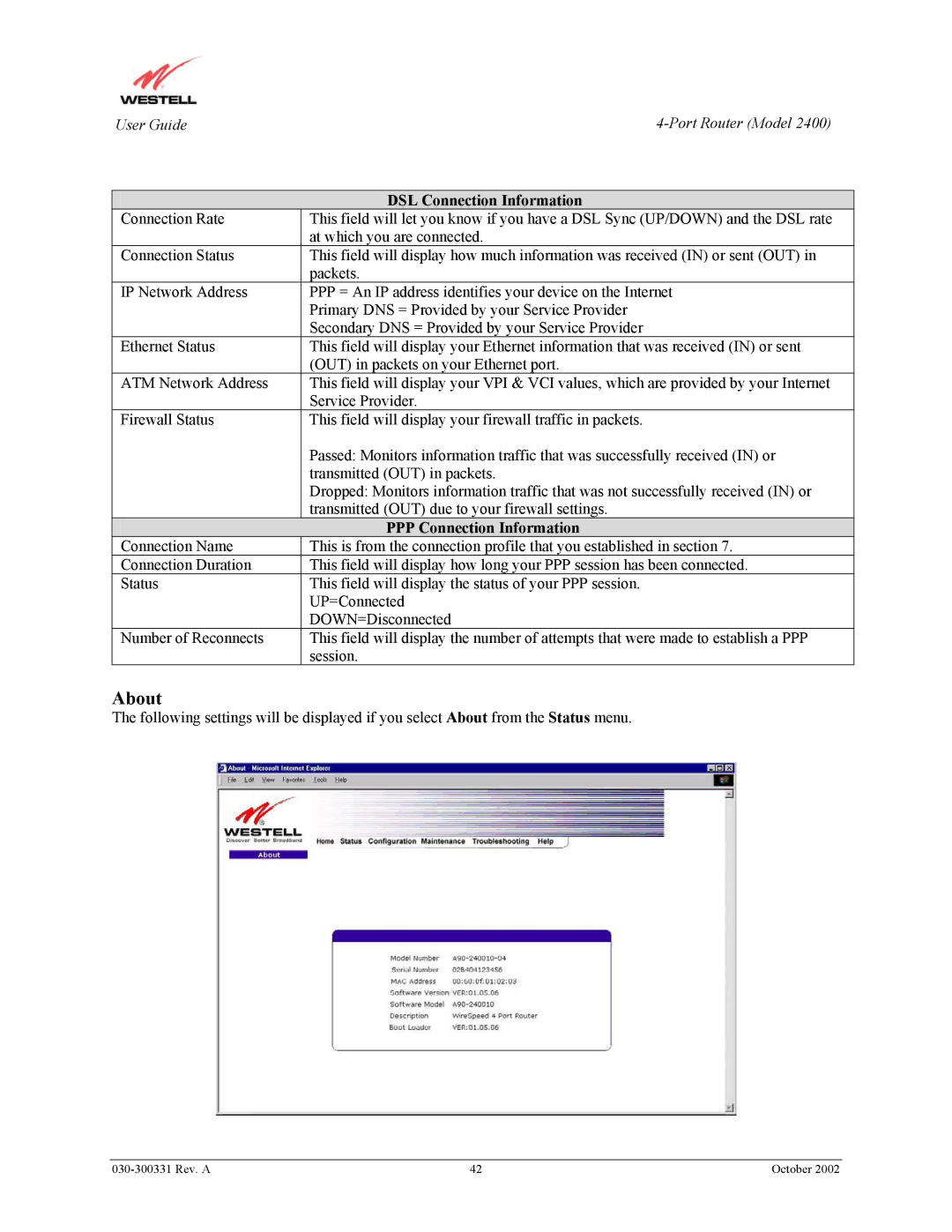 Westell Technologies 2400 manual DSL Connection Information, PPP Connection Information 