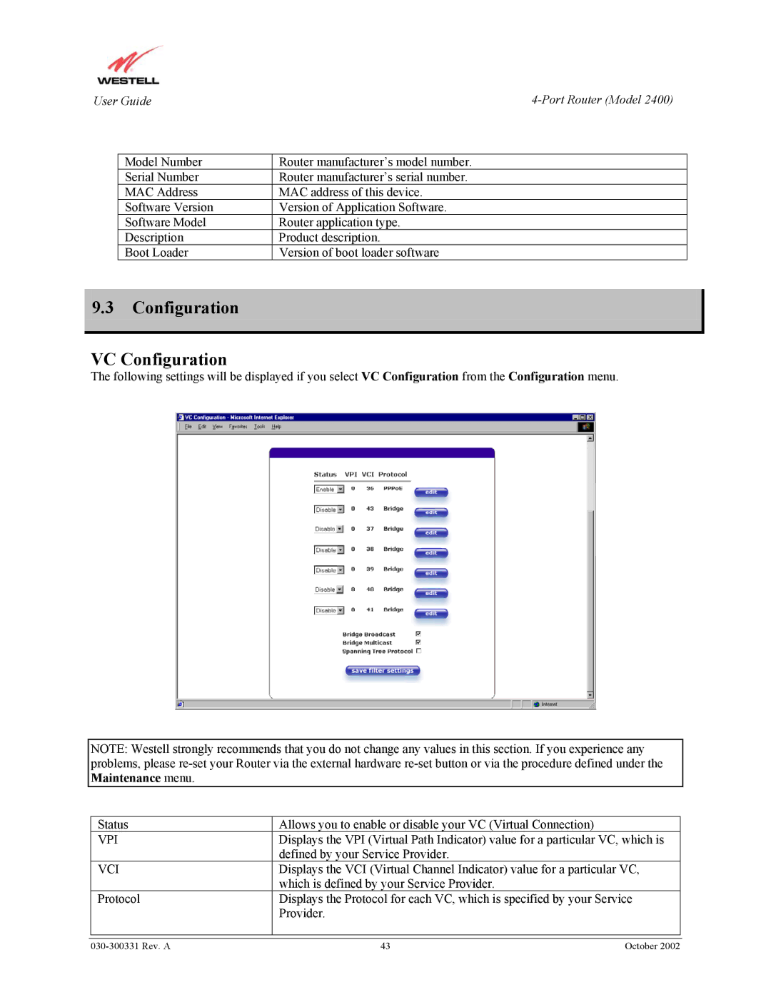 Westell Technologies 2400 manual Configuration VC Configuration, Vpi Vci 