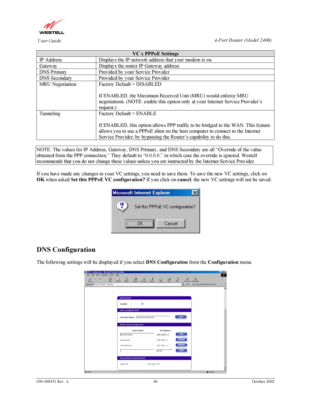 Westell Technologies 2400 manual DNS Configuration, VC x PPPoE Settings 