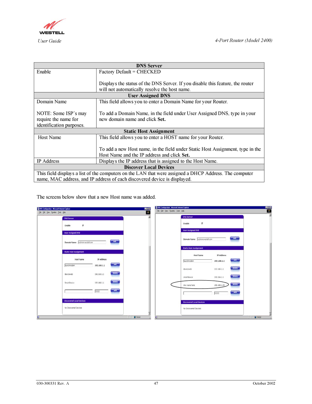 Westell Technologies 2400 manual DNS Server, User Assigned DNS, Static Host Assignment, Discover Local Devices 