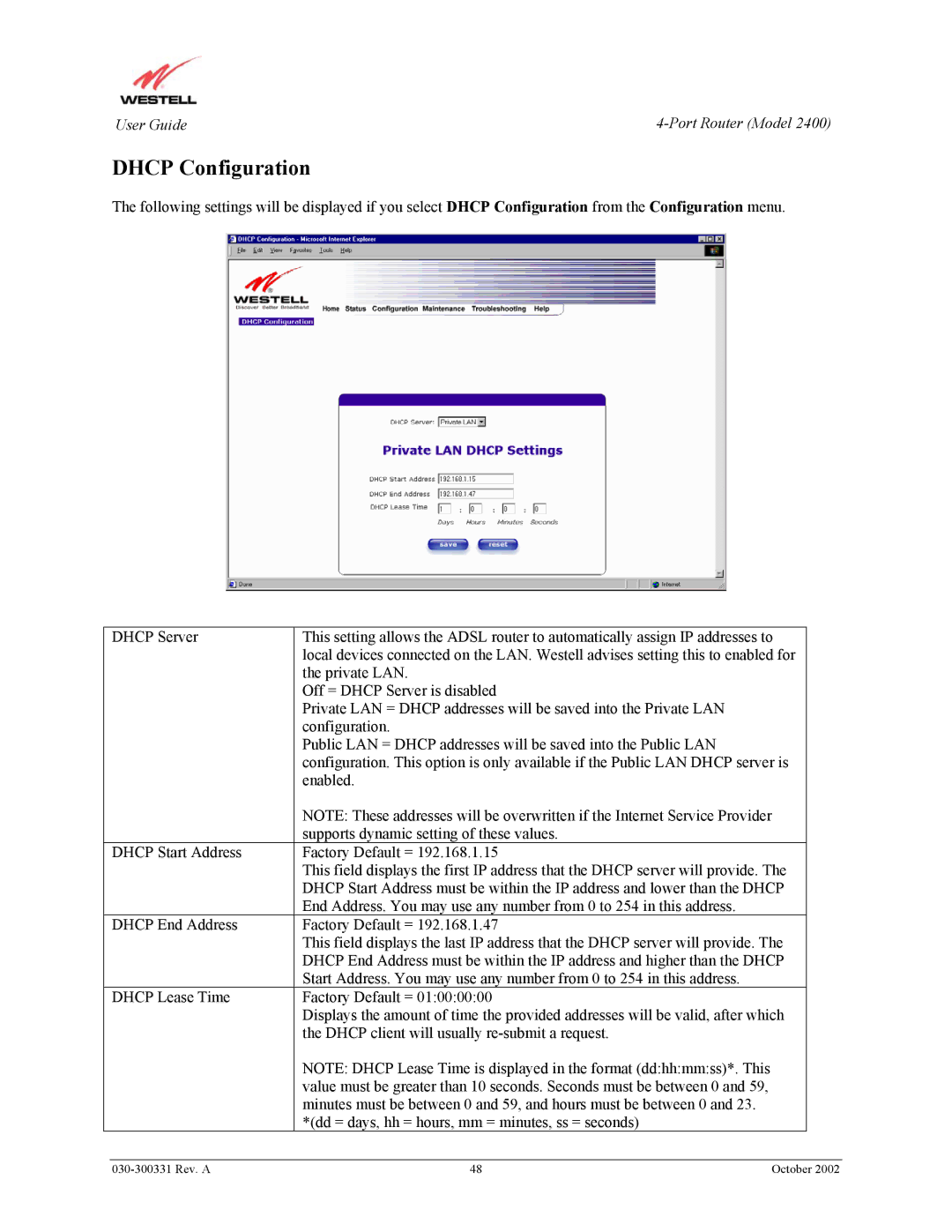 Westell Technologies 2400 manual Dhcp Configuration 