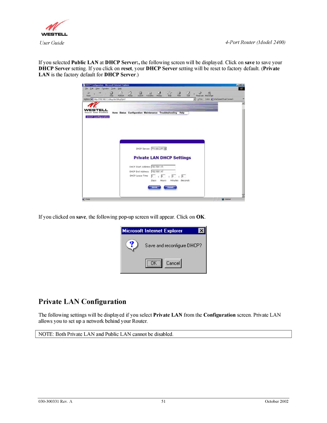 Westell Technologies 2400 manual Private LAN Configuration 