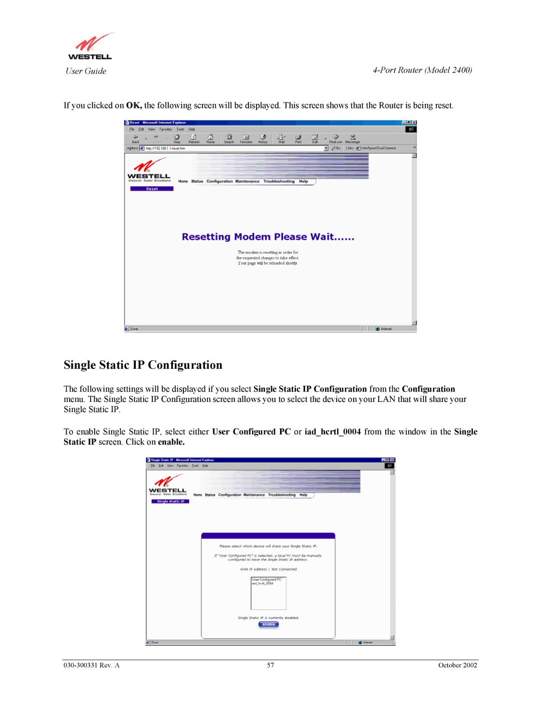 Westell Technologies 2400 manual Single Static IP Configuration 