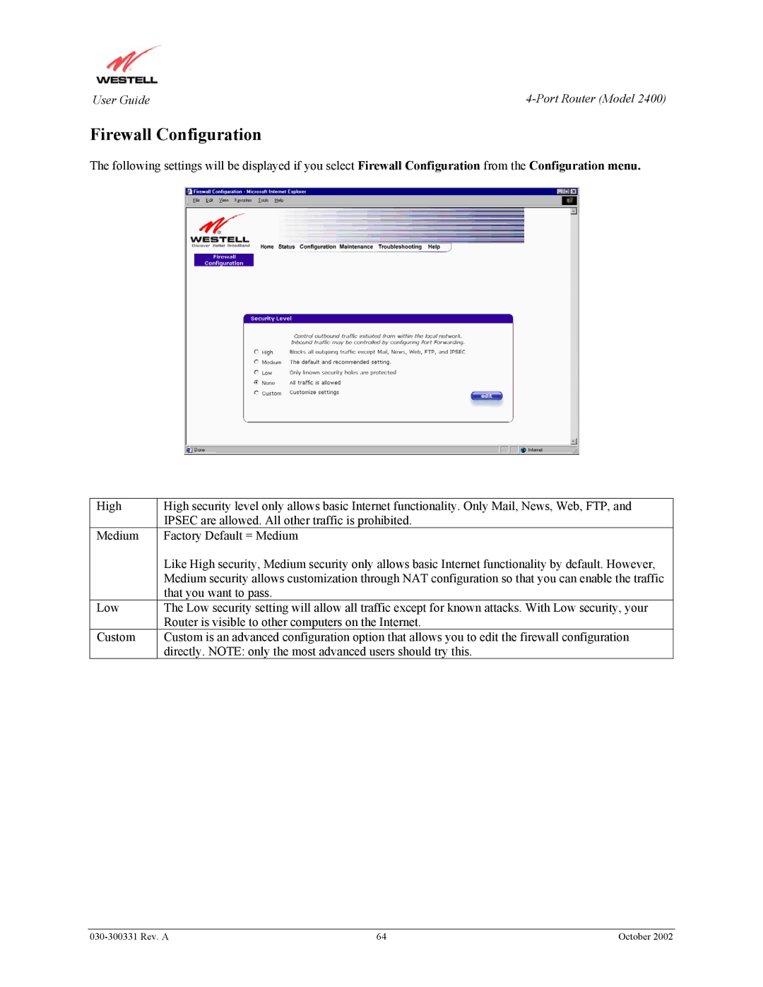 Westell Technologies 2400 manual Firewall Configuration 