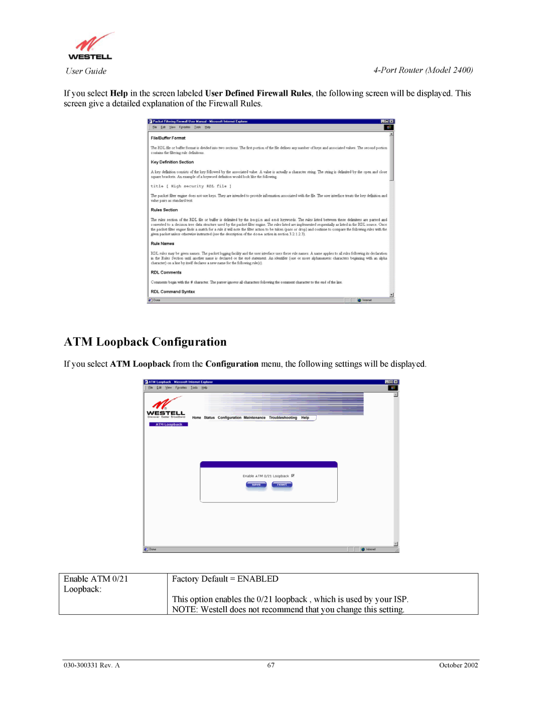 Westell Technologies 2400 manual ATM Loopback Configuration 