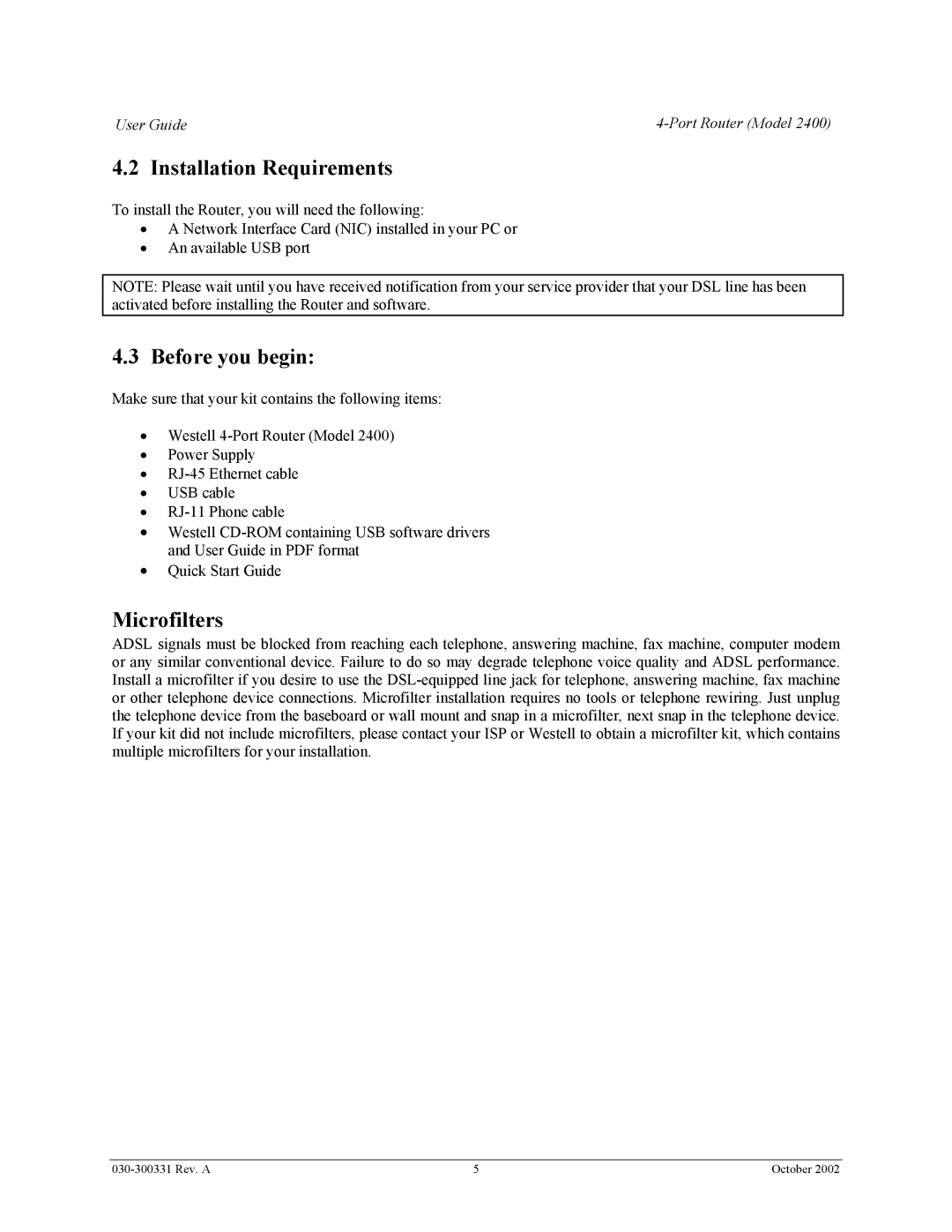 Westell Technologies 2400 manual Installation Requirements, Before you begin, Microfilters 