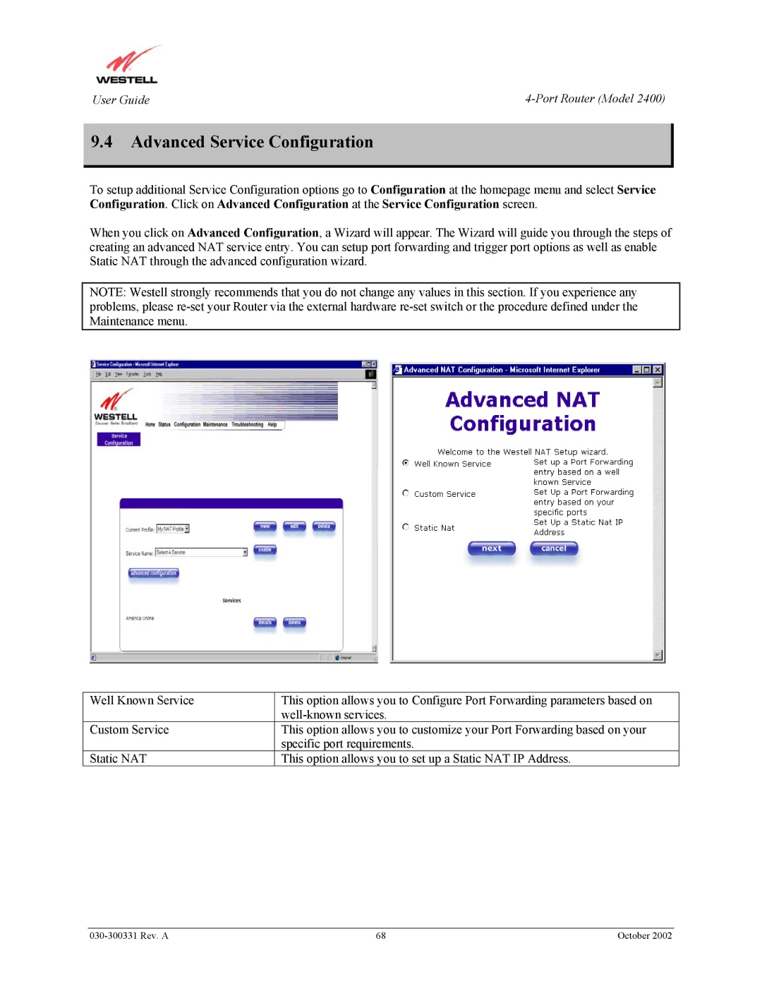 Westell Technologies 2400 manual Advanced Service Configuration 