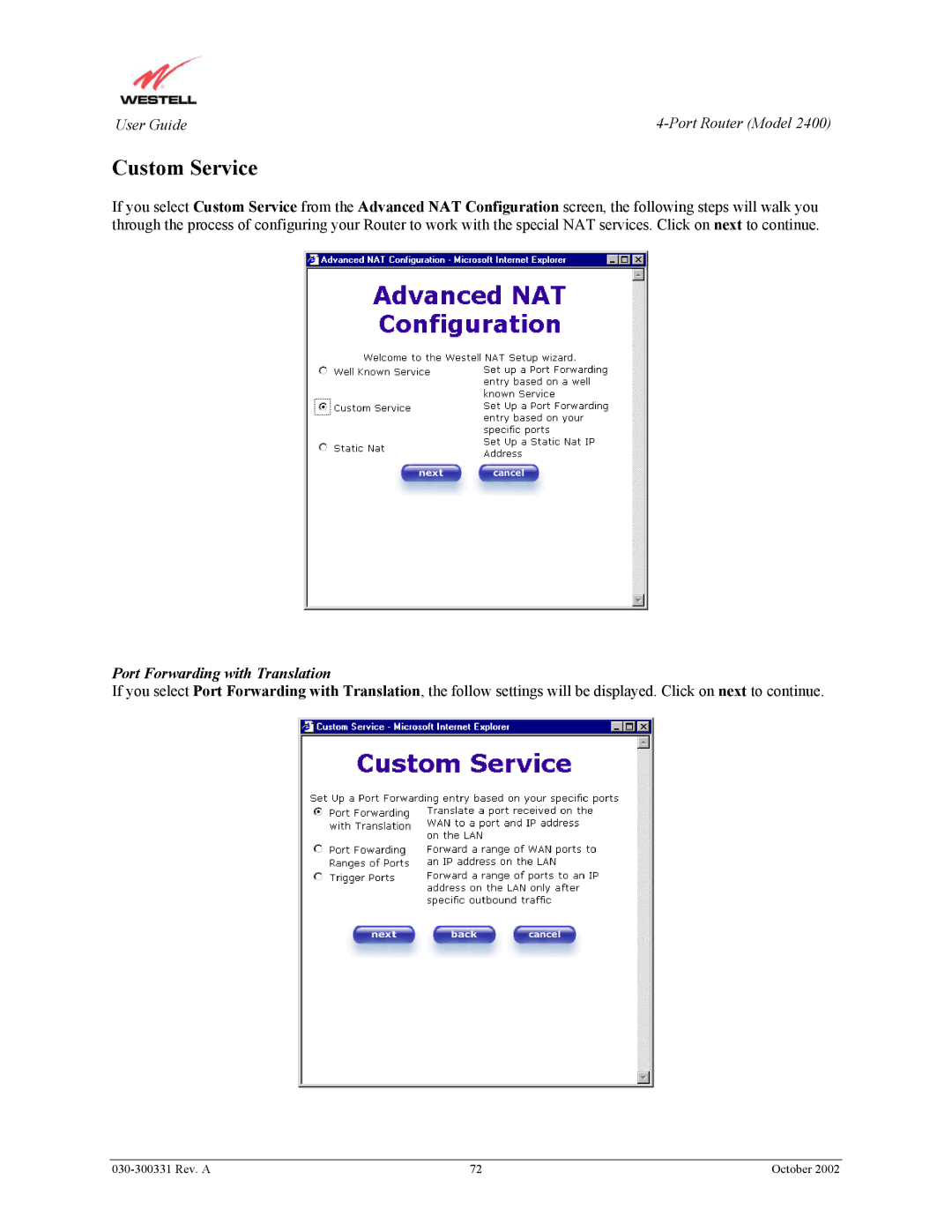 Westell Technologies 2400 manual Custom Service, Port Forwarding with Translation 