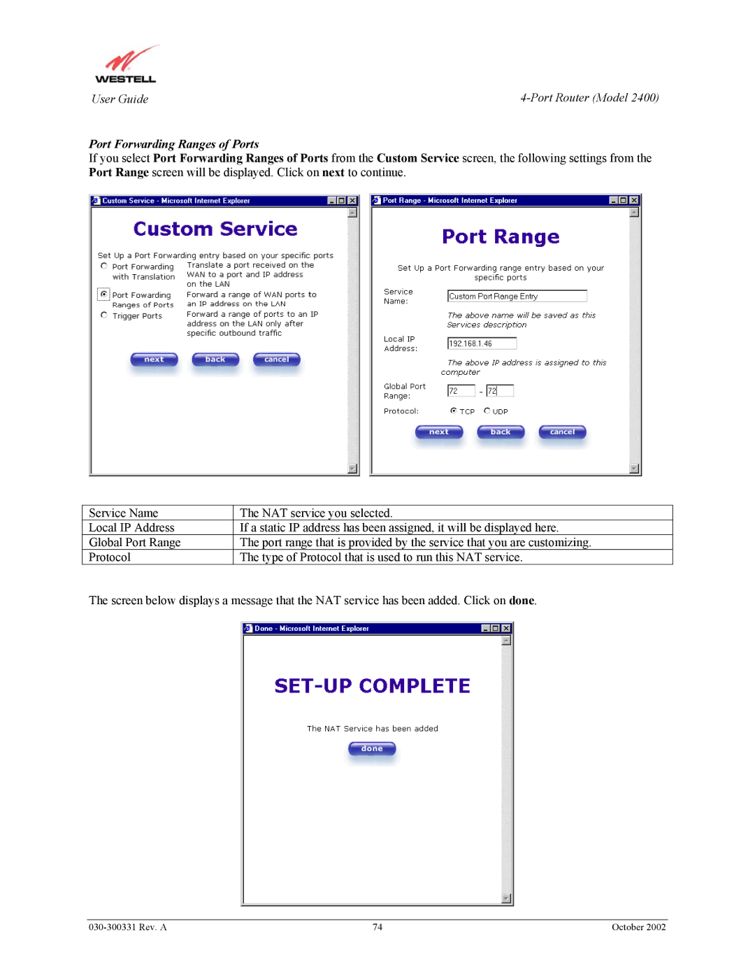 Westell Technologies 2400 manual Port Forwarding Ranges of Ports 