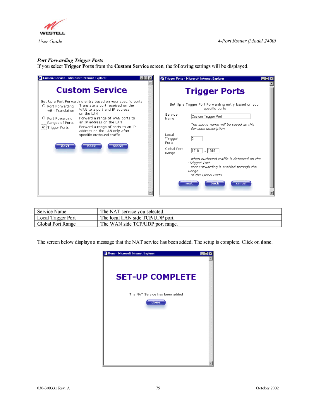 Westell Technologies 2400 manual Port Forwarding Trigger Ports 