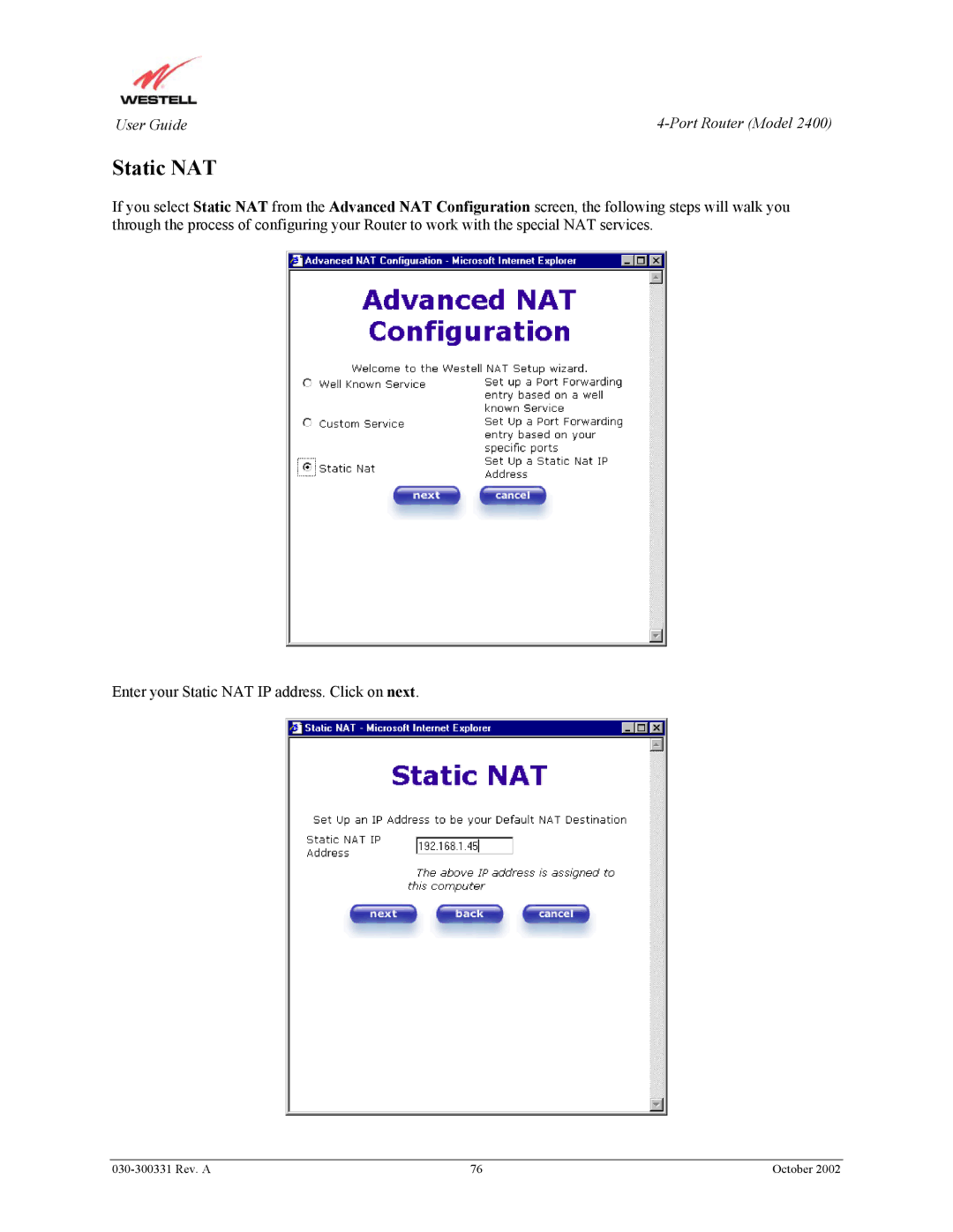 Westell Technologies 2400 manual Static NAT 